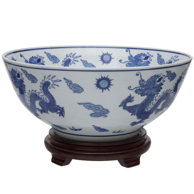 Handmade 14" Dragon Blue and White Porcelain Bowl