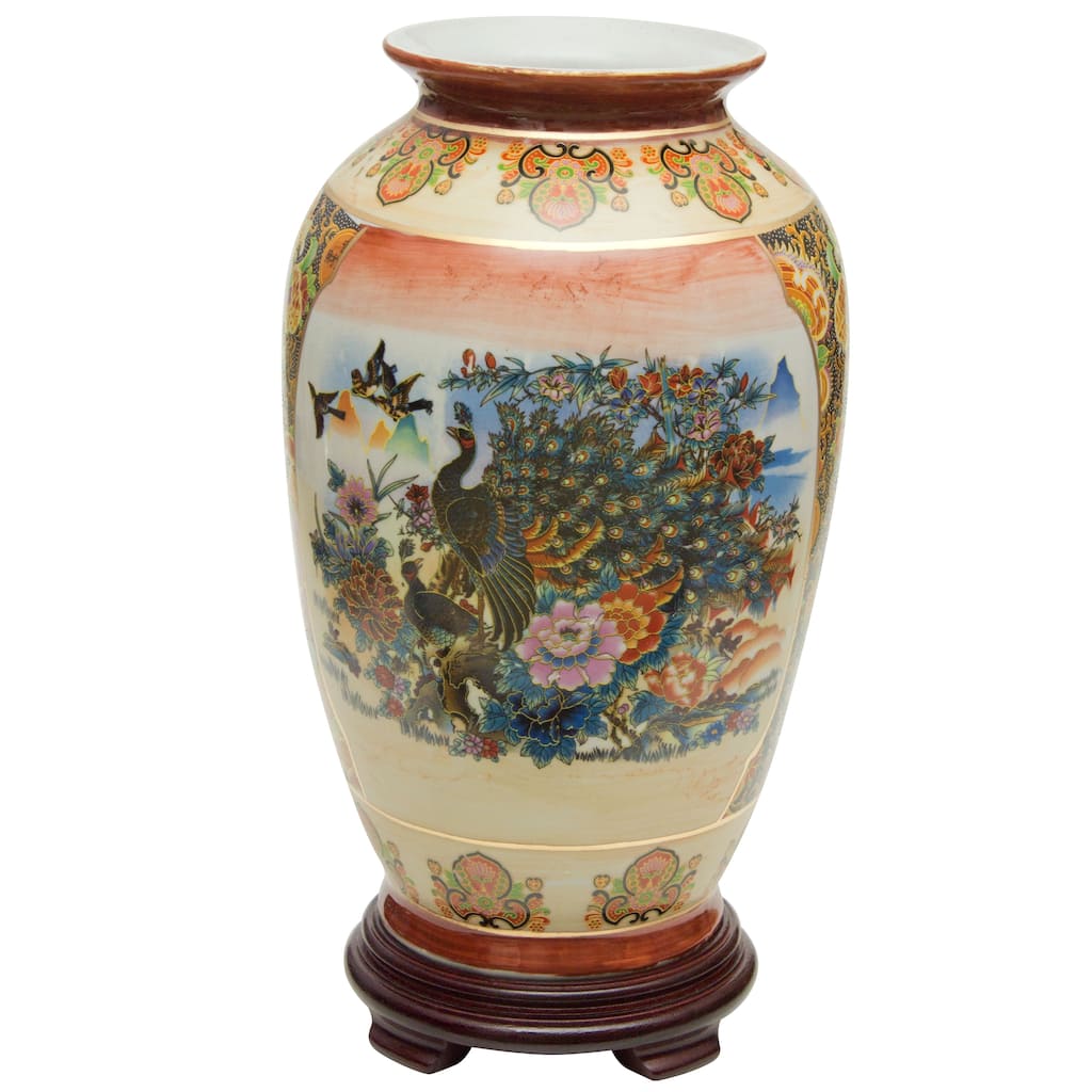 Handmade 14" Satsuma Peacock Porcelain Tung Chi Vase