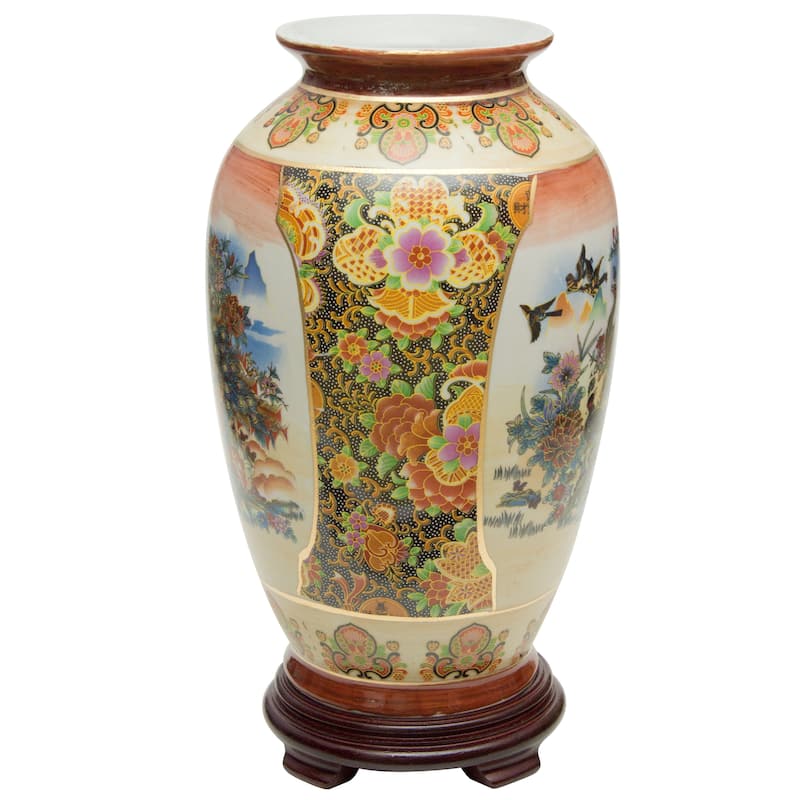 Handmade 14" Satsuma Peacock Porcelain Tung Chi Vase