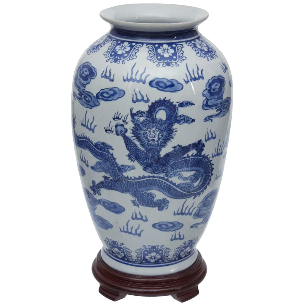 Handmade 14" Dragon Blue and White Porcelain Tung Chi Vase