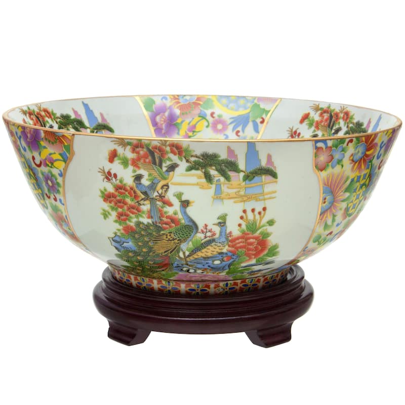 Oriental Furniture 14" Satsuma Birds & Flowers Porcelain Bowl