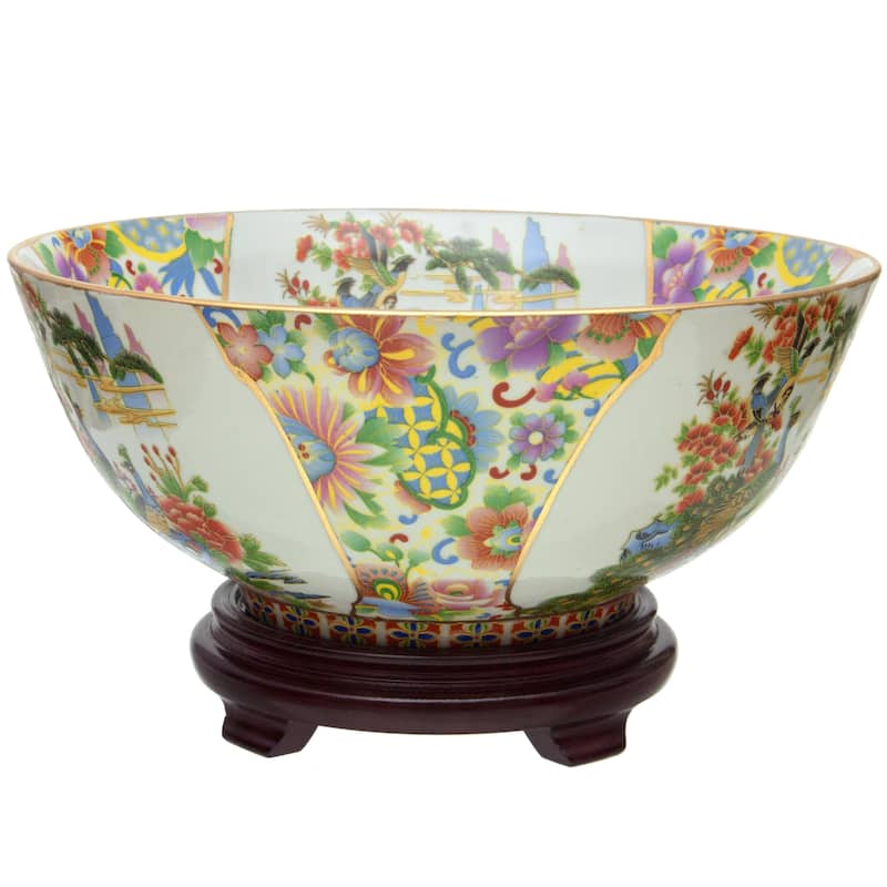 Oriental Furniture 14" Satsuma Birds & Flowers Porcelain Bowl