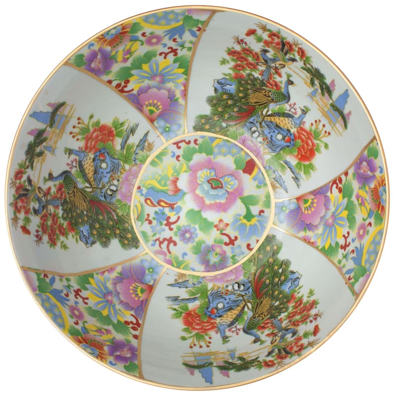 Oriental Furniture 14" Satsuma Birds & Flowers Porcelain Bowl
