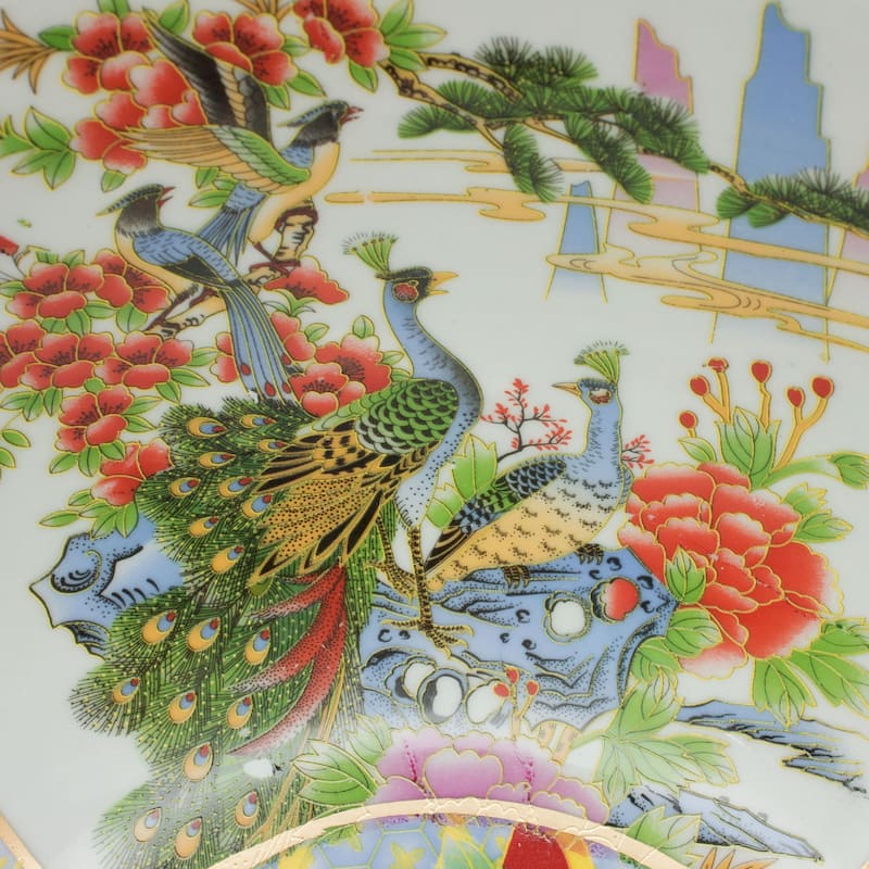 Oriental Furniture 14" Satsuma Birds & Flowers Porcelain Bowl