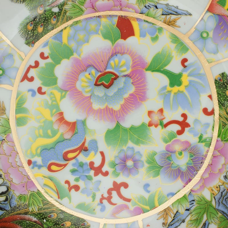 Oriental Furniture 14" Satsuma Birds & Flowers Porcelain Bowl