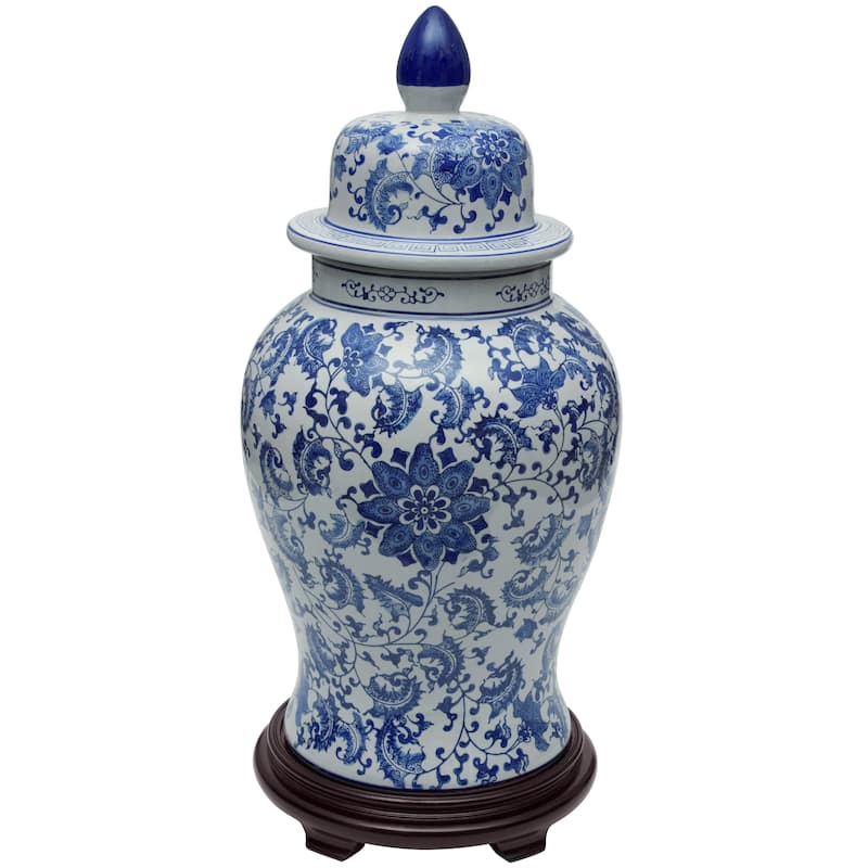 Handmade 24" Floral Blue and White Porcelain Temple Jar