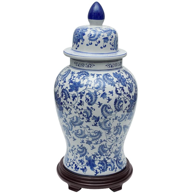 Handmade 24" Floral Blue and White Porcelain Temple Jar