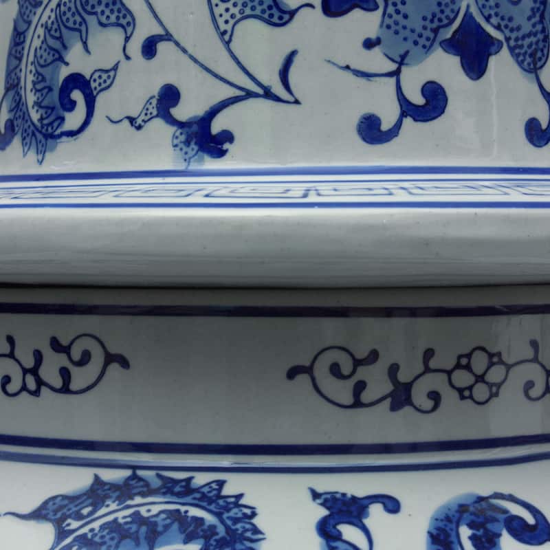 Handmade 24" Floral Blue and White Porcelain Temple Jar