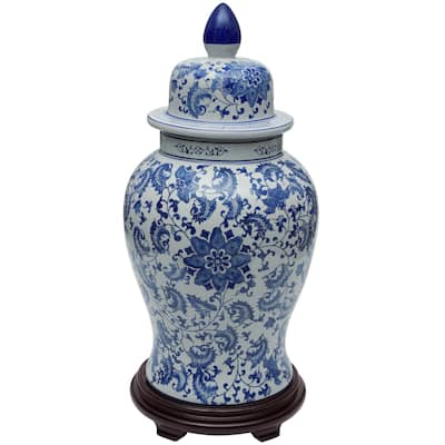 Handmade 24" Floral Blue and White Porcelain Temple Jar