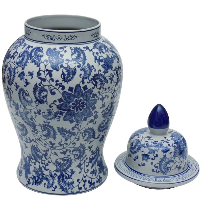 Handmade 24" Floral Blue and White Porcelain Temple Jar