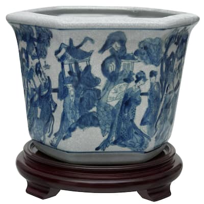 Handmade 10" Ladies Blue and White Porcelain Flower Pot