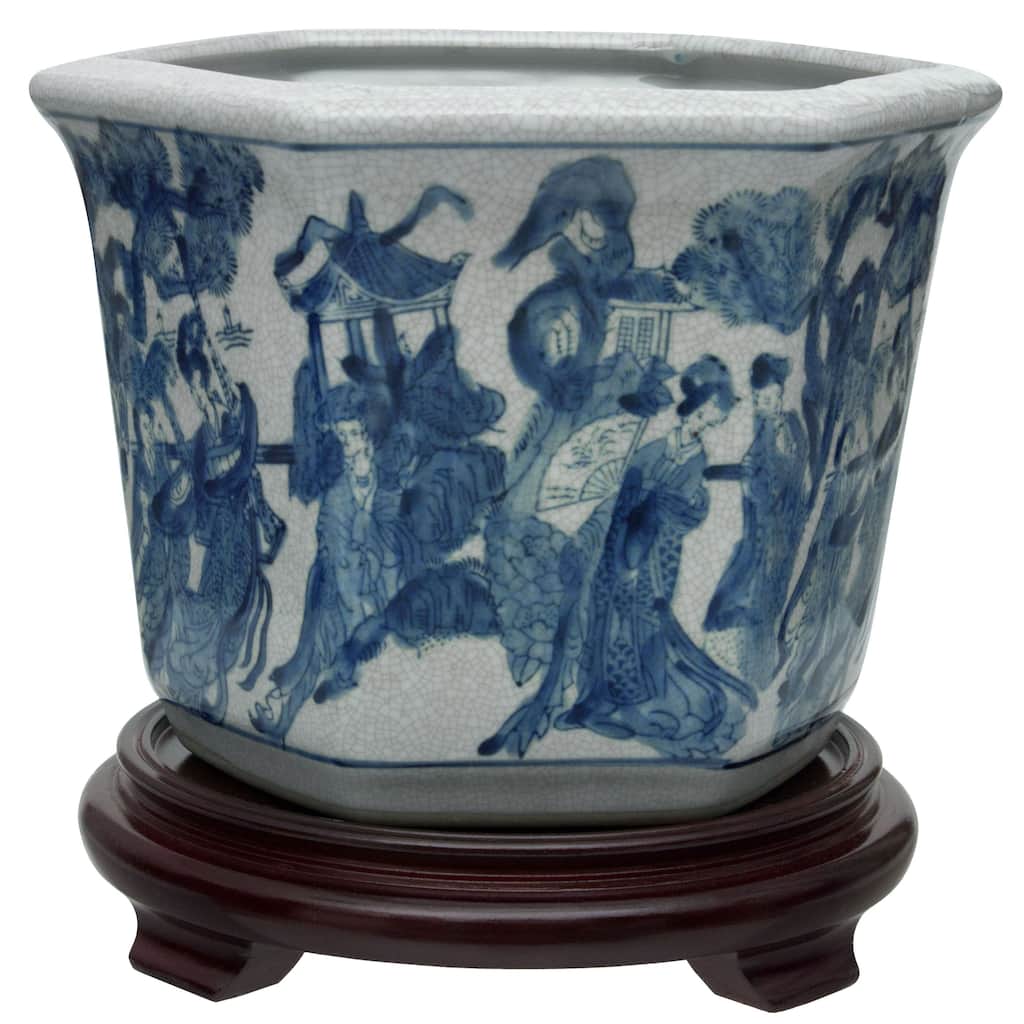 Handmade 10" Ladies Blue and White Porcelain Flower Pot