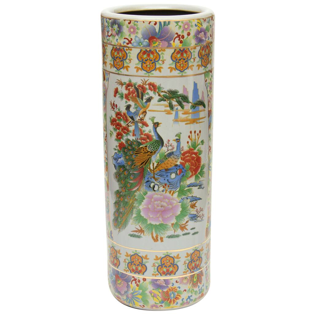 Oriental Furniture 24" Satsuma Birds & Flowers Porcelain Umbrella Stand