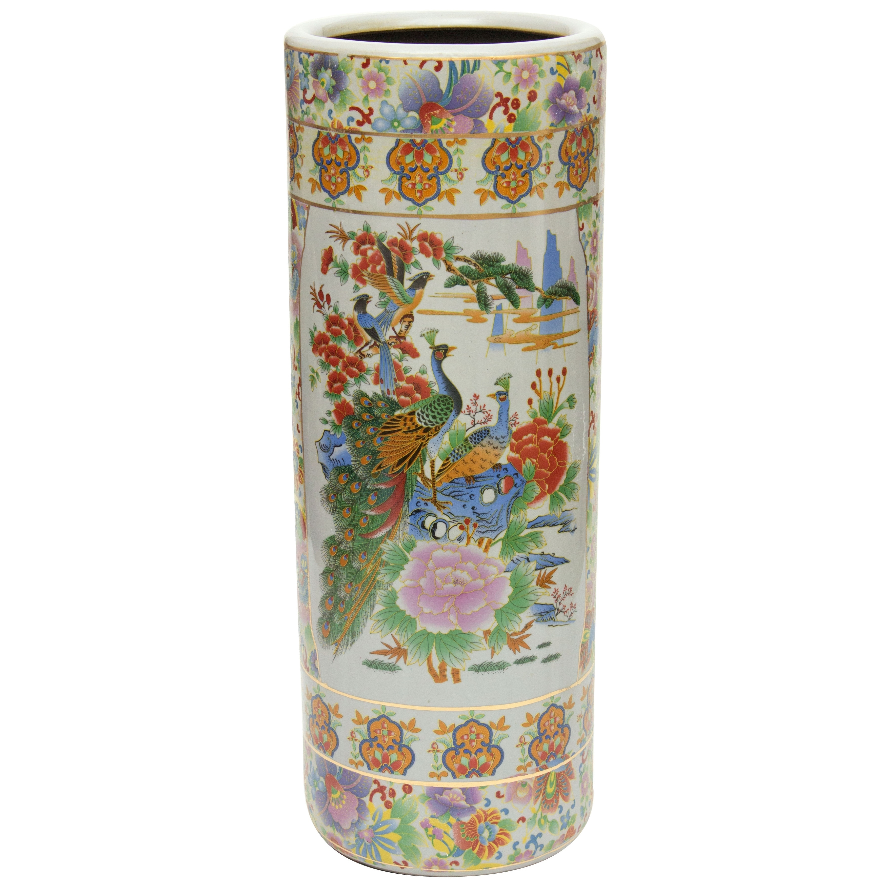 Oriental Furniture 24" Satsuma Birds & Flowers Porcelain Umbrella Stand