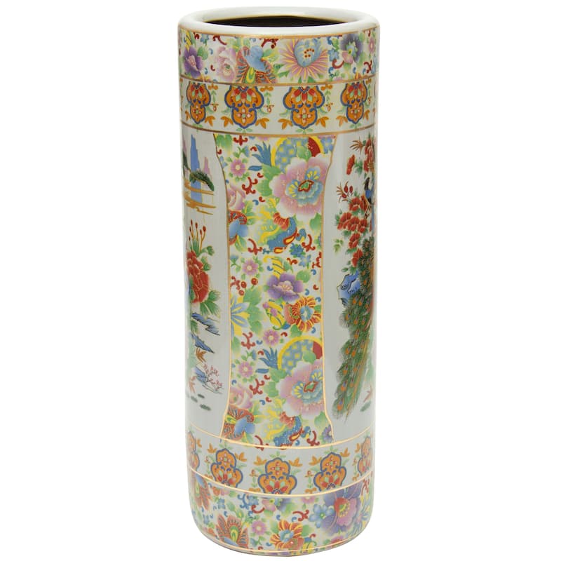 Oriental Furniture 24" Satsuma Birds & Flowers Porcelain Umbrella Stand