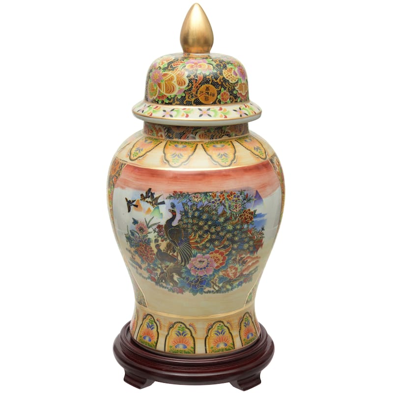 Handmade 18" Satsuma Peacock Porcelain Temple Jar