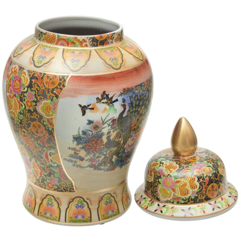 Handmade 18" Satsuma Peacock Porcelain Temple Jar