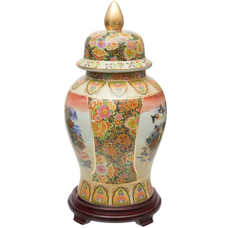Handmade 18" Satsuma Peacock Porcelain Temple Jar