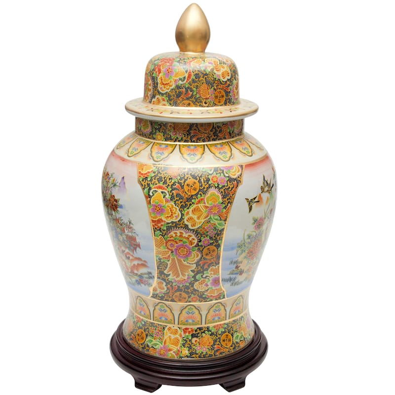 Handmade 24" Satsuma Peacock Porcelain Temple Jar