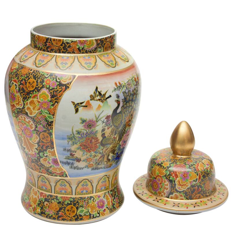 Handmade 24" Satsuma Peacock Porcelain Temple Jar