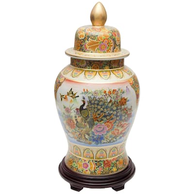 Handmade 24" Satsuma Peacock Porcelain Temple Jar