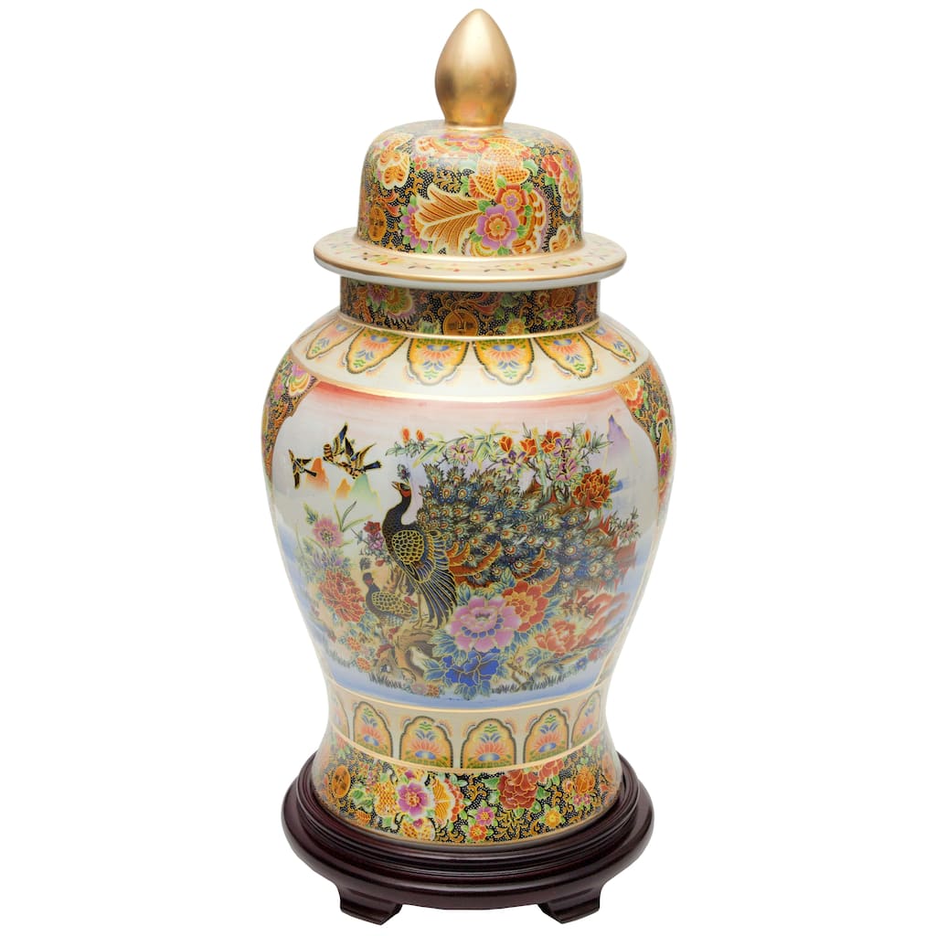 Handmade 24" Satsuma Peacock Porcelain Temple Jar