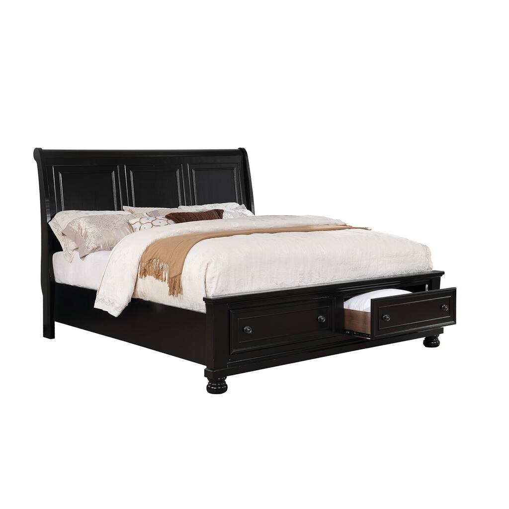 Transitional Queen Bed with Panel Headboard and 2 Drawers, Black