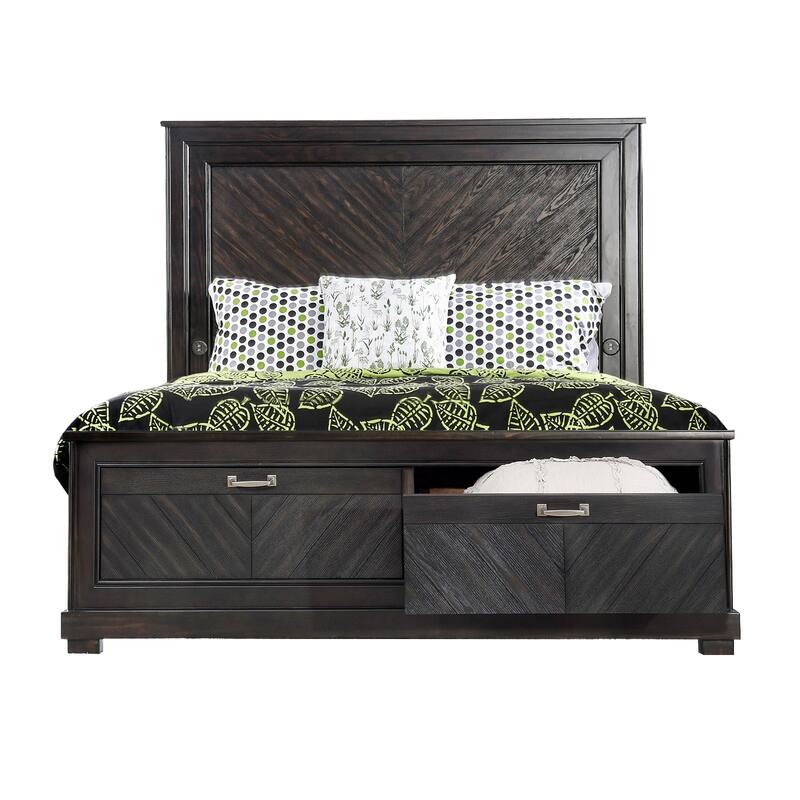 Plank Design Transitional Queen Bed with USB and Storage, Espresso Brown