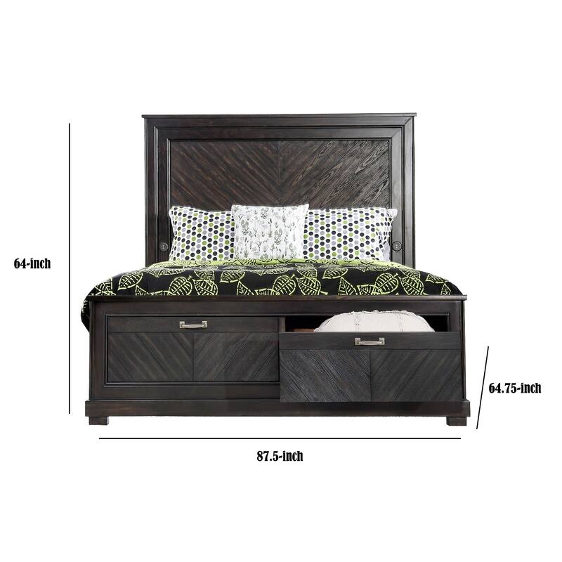 Plank Design Transitional Queen Bed with USB and Storage, Espresso Brown