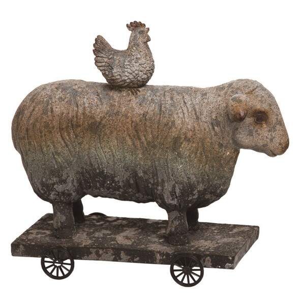 Transpac Resin 10 in. Brown Spring Rustic Sheep and Chicken on Wheels