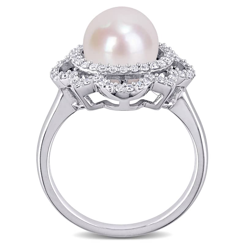 Miadora 14k White Gold Cultured FW Pearl and 3/8ct TDW Diamond Floral Halo Ring (9-9.5 MM)