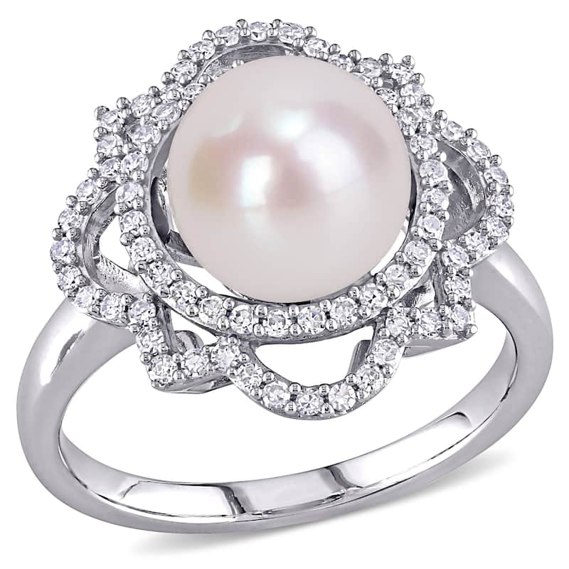 Miadora 14k White Gold Cultured FW Pearl and 3/8ct TDW Diamond Floral Halo Ring (9-9.5 MM)
