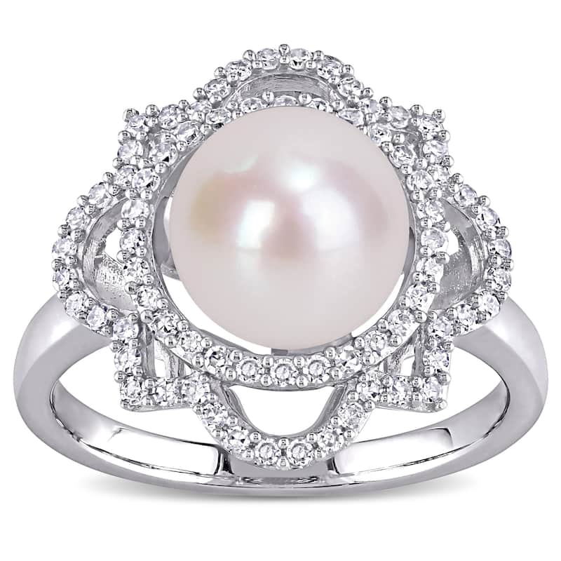 Miadora 14k White Gold Cultured FW Pearl and 3/8ct TDW Diamond Floral Halo Ring (9-9.5 MM)