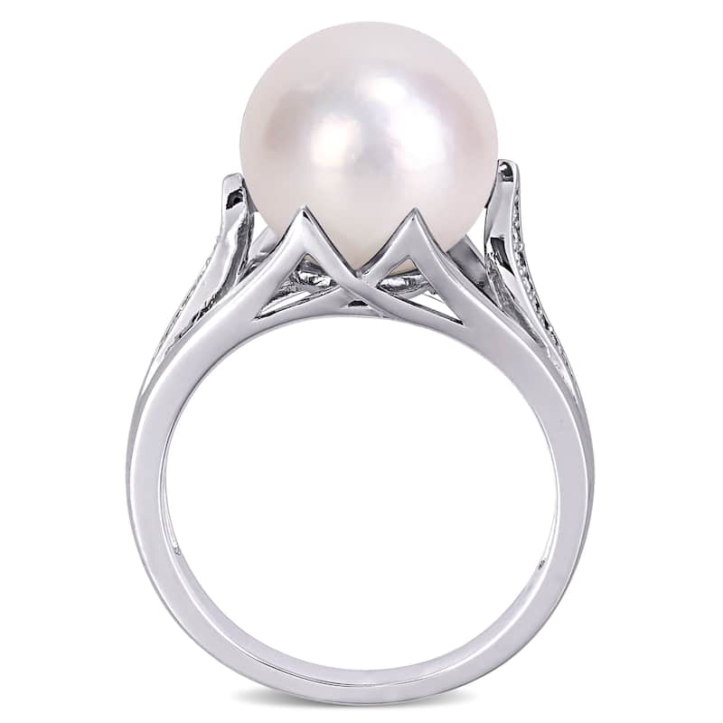 Miadora Sterling Silver Cultured FW Pearl and Diamond Accent Solitaire Split Shank Ring (11-12 mm)