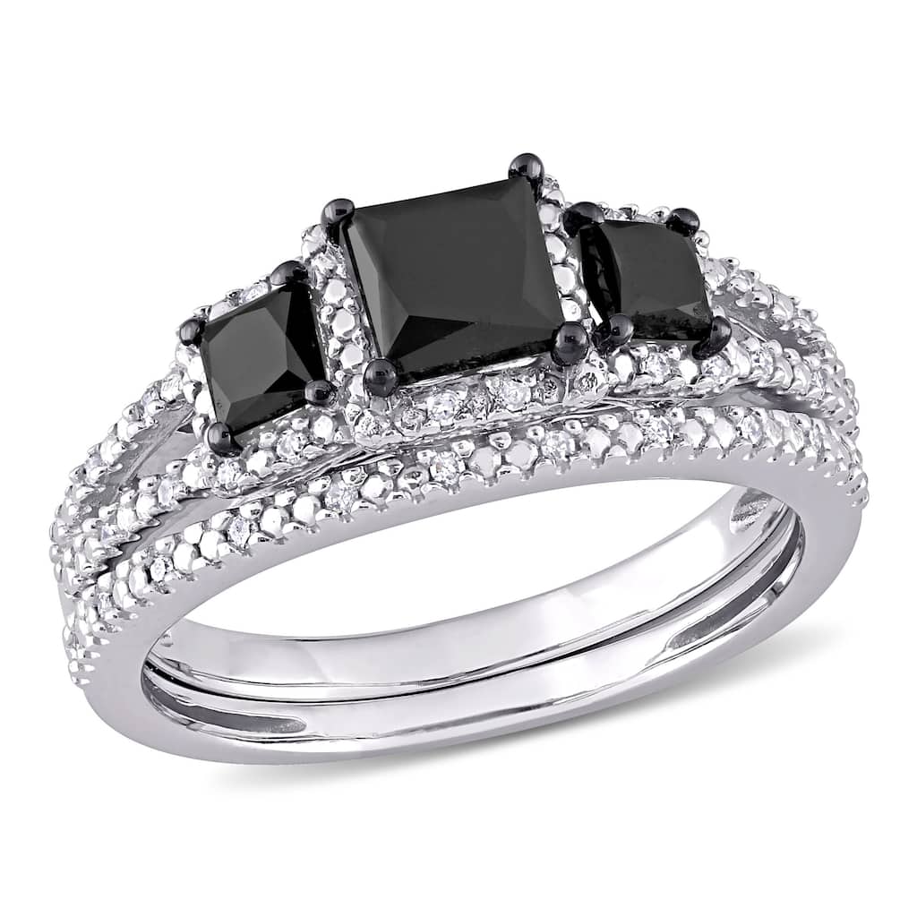 Miadora 10k White Gold 1 5/8ct TDW Princess-cut Black and White Diamond 3-Stone Bridal Ring Set
