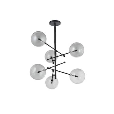 Pendant Lamp 6 light with glass shade and Matte Black Metal frame