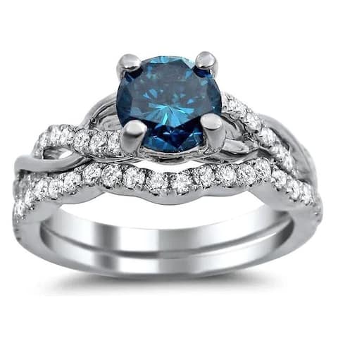 14k White Gold 1 1/5ct TDW Certified Round-cut Blue Diamond Bridal Ring Set (SI1-SI2)