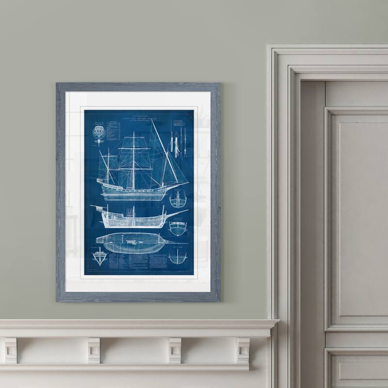 Antique Ship Blueprint I-Framed Print - Grey - 16X22