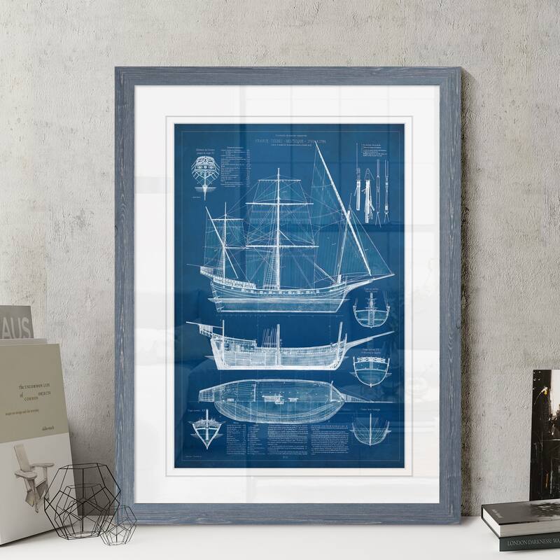 Antique Ship Blueprint I-Framed Print - Grey - 16X22
