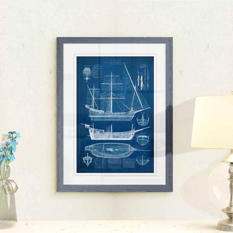 Antique Ship Blueprint I-Framed Print - Grey - 16X22
