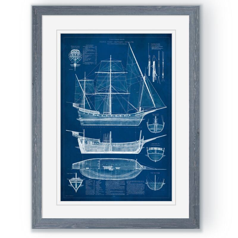 Antique Ship Blueprint I-Framed Print - Grey - 16X22