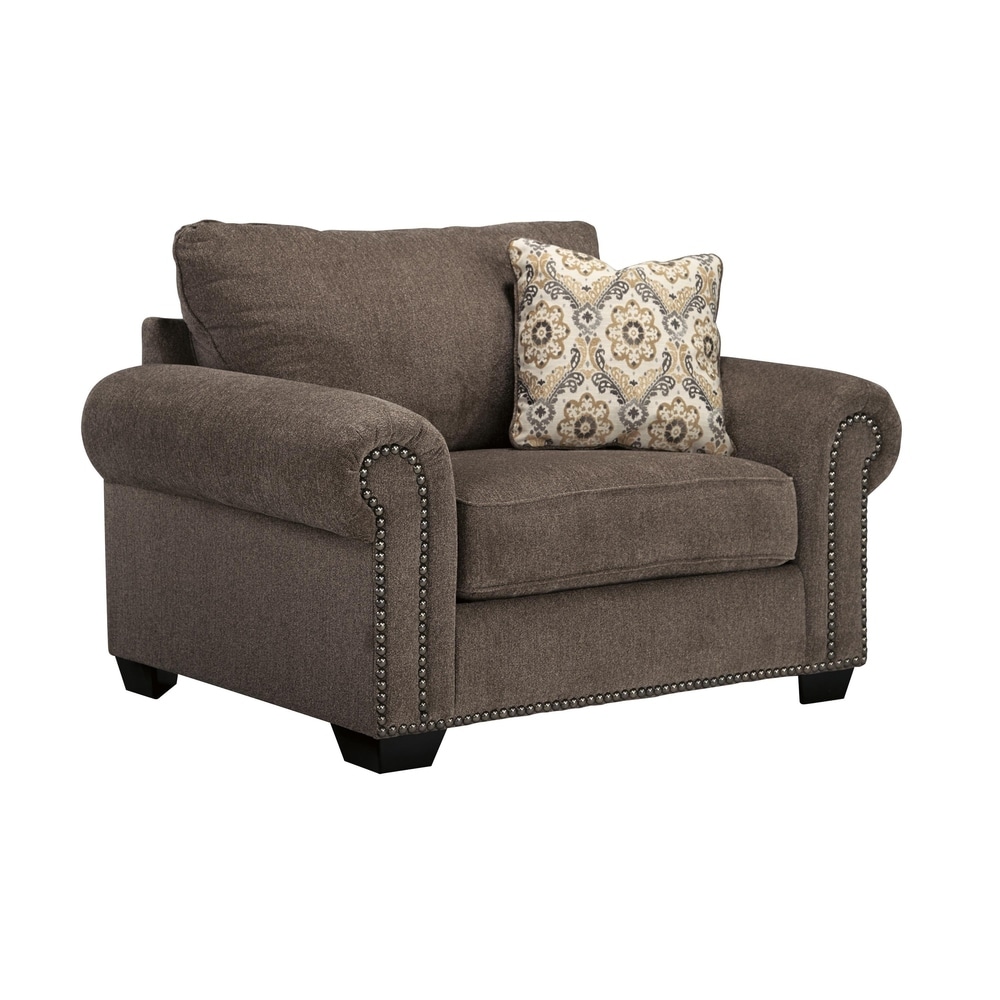 Overstock Nailhead Trim Fabric Upholstered Chair and a Half with Block Legs, Gray