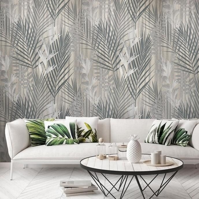 Overstock Wallpaper silver Metallic Modern Floral Tropical Palm Leaves