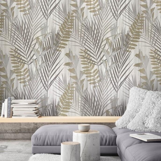 Overstock Wallpaper ivory grey Metallic Floral Tropical Palm Leaves