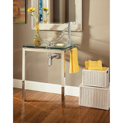 Wall Mount Tempered Glass Lavatory Console with Stainless Steel Drop In