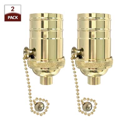 Royal Designs Off/On Pull Chain Lamp Socket with a Solid Metal Cast Shell, E26 Medium Base, Polished Brass, Set of 2