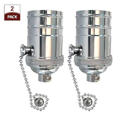 Royal Designs Off/On Pull Chain Lamp Socket with a Solid Metal Cast Shell, E26 Medium Base, Polished Nickel, Set of 2