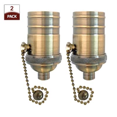 Royal Designs Off/On Pull Chain Lamp Socket with a Solid Metal Cast Shell, E26 Medium Base, Antique Brass, Set of 2