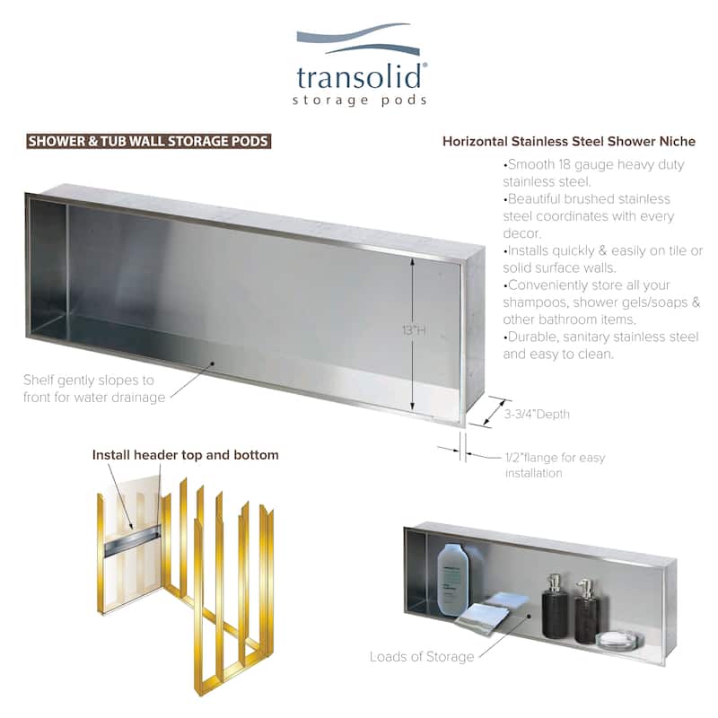 Transolid 14-in. Recessed Stainless Steel Shower Storage Pod - 14" x 3.75" x 14"