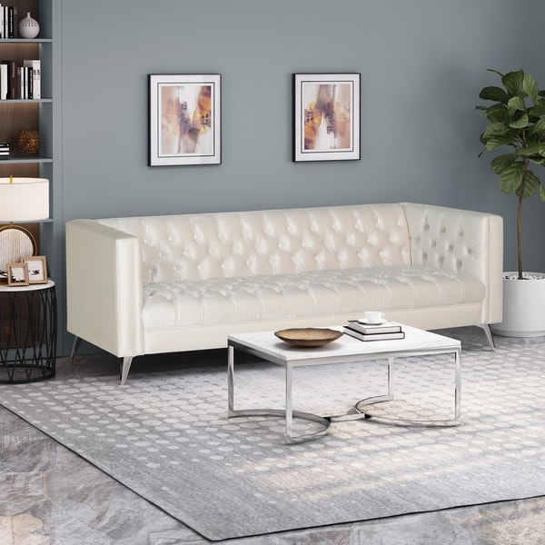 Galvin Contemporary Tufted Velvet 3 Seater Sofa by Christopher Knight Home - 88.00" W x 32.00" L x 30.00" H. Opens flyout.